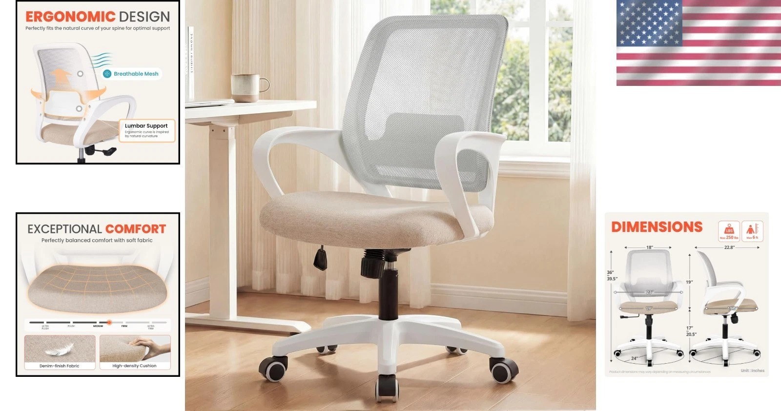 Adjustable Height Rolling Office Chair with Lumbar Support - Comfy Beige Design