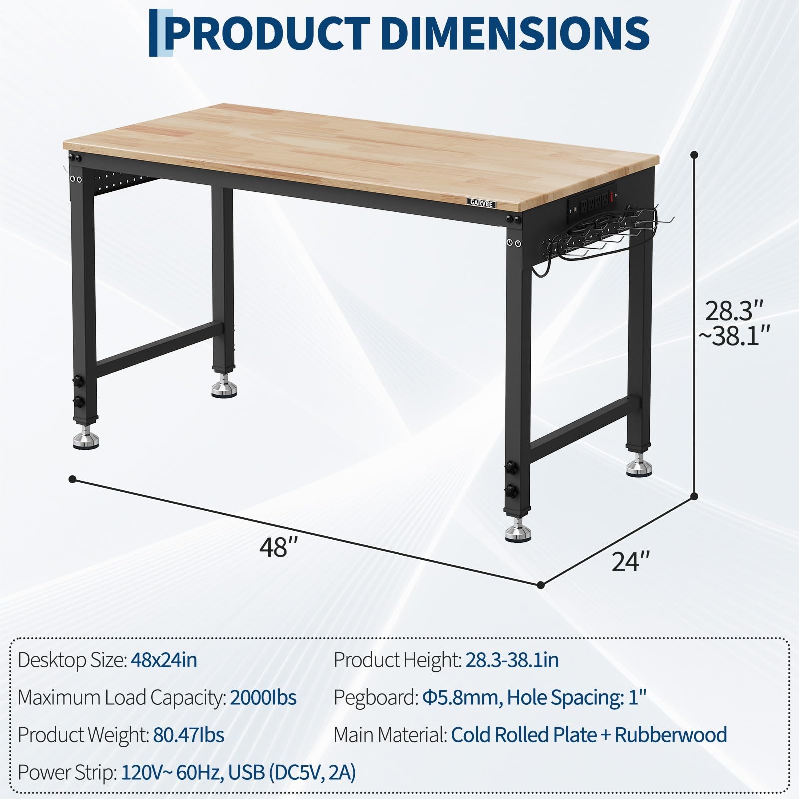 48" Workbench Adjustable Height Work Table Garage 2000LBS Load with Power Outlet