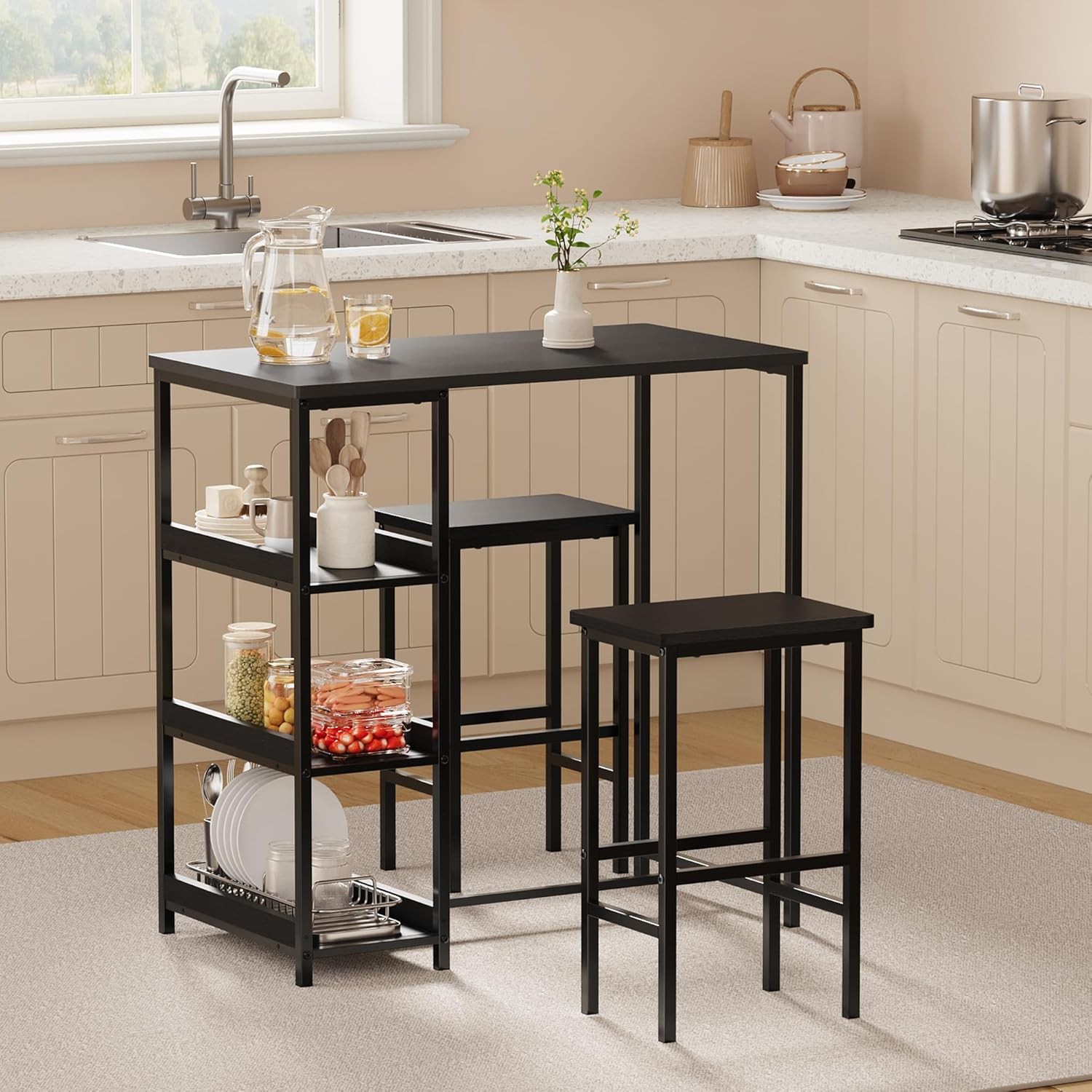 3-Piece Kitchen Table Set with Storage Shelves & 2 Bar Stools for Small Spaces