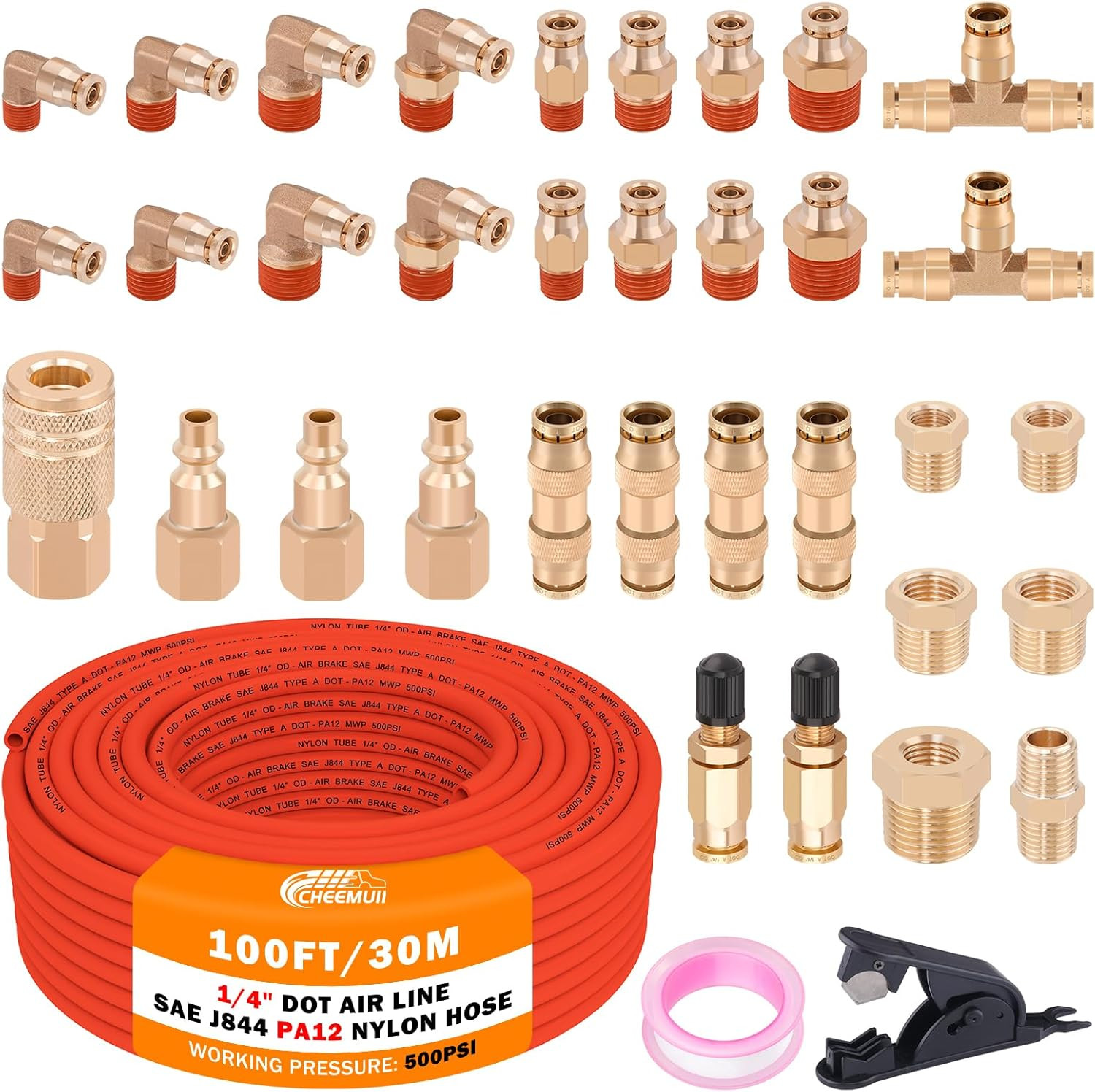 100 FT 1/4" DOT Air Line with 34 Pcs Brass DOT Air Line Fittings Kit 30.5 Meter