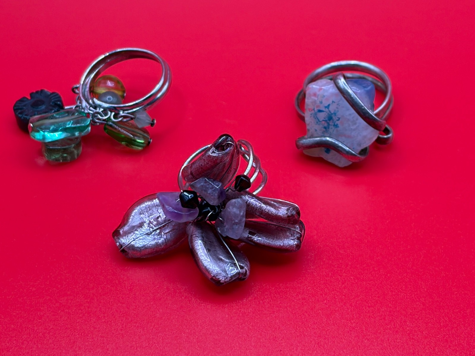 Vintage Artisan Wire Wrapped Rings Lot Boho Glass Stone Adjustable Jewelry
