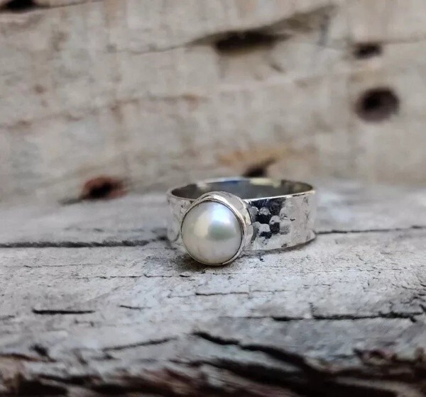 Freshwater Pearl Ring Solid 925 Silver Handmade Hemmered Ring All Size SR674