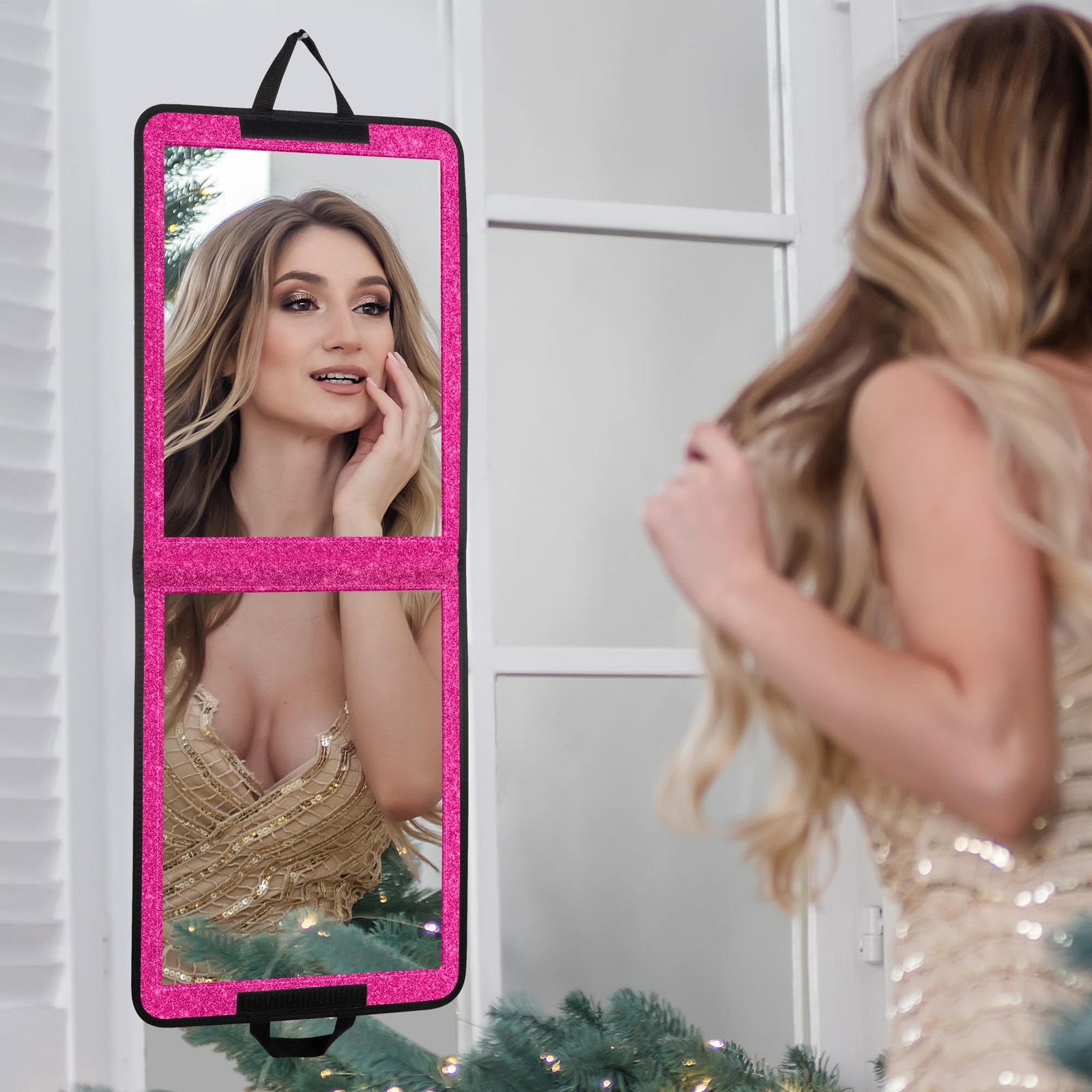 LPHUMEX Sparkle Hot Pink Folding Mirror 13”x33”, Foldable Full-Lengt