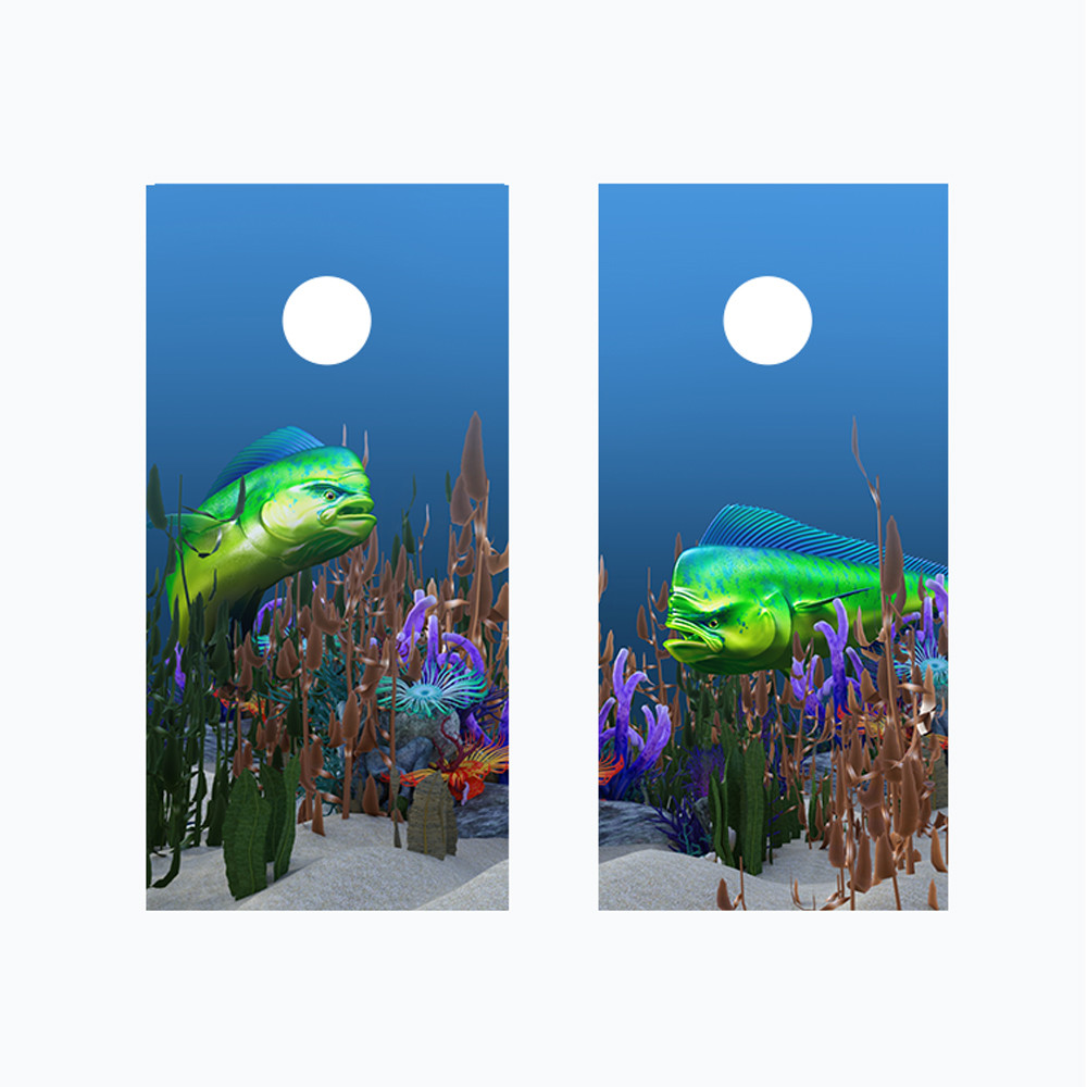 Cornhole Board Adhesive Vinyl Wraps - Mahi Mahi Dolphinfish Ocean Theme Set of 2