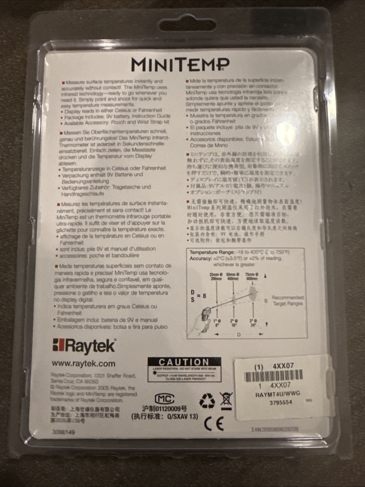 Raytek MiniTemp MT4 Laser Non-Contact Infrared Thermometer - Gray Brand NEW