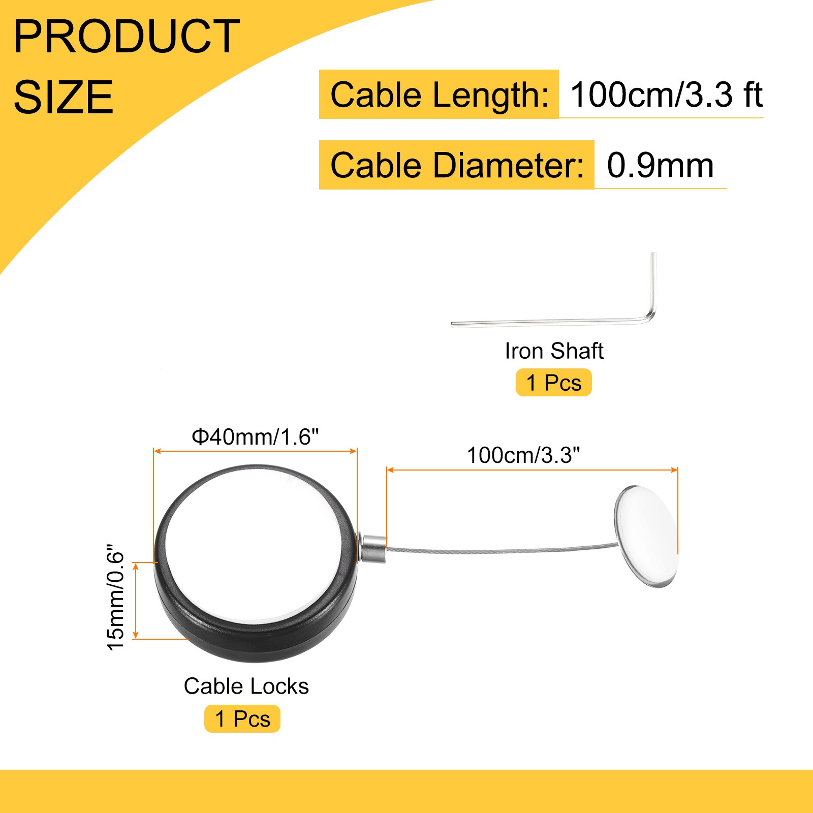 3.3ft Retractable Cable Security Lock with Round Patch Wrench 150 g Black