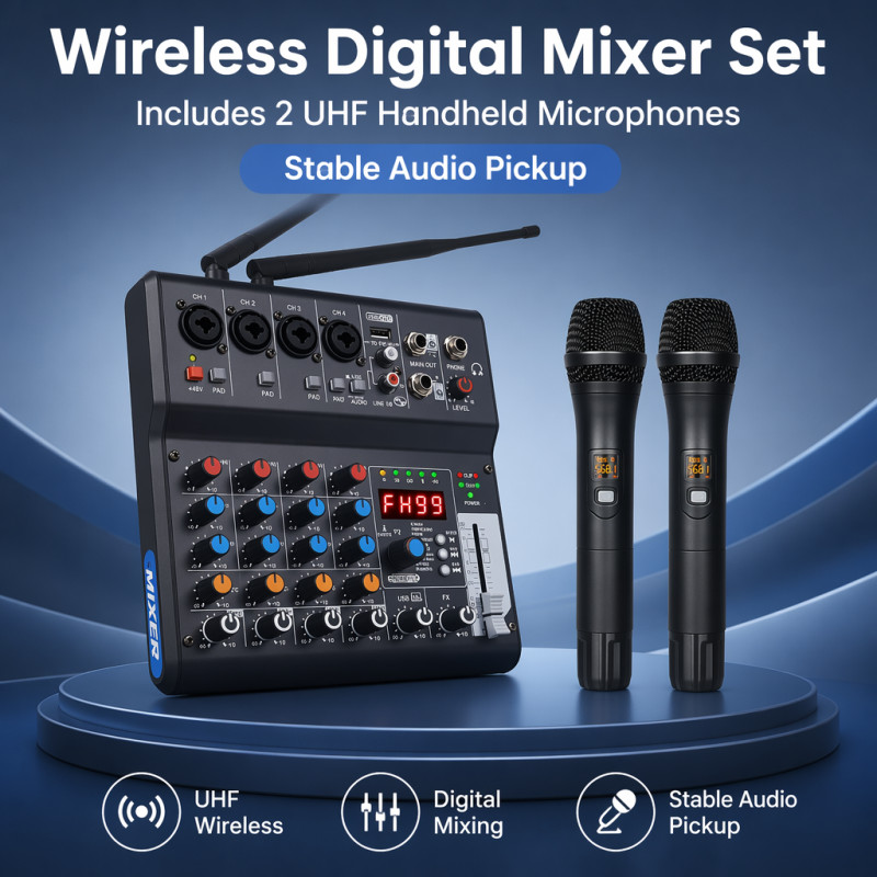 6-channel mixing console with dual wireless microphones, built-in reverb / USB