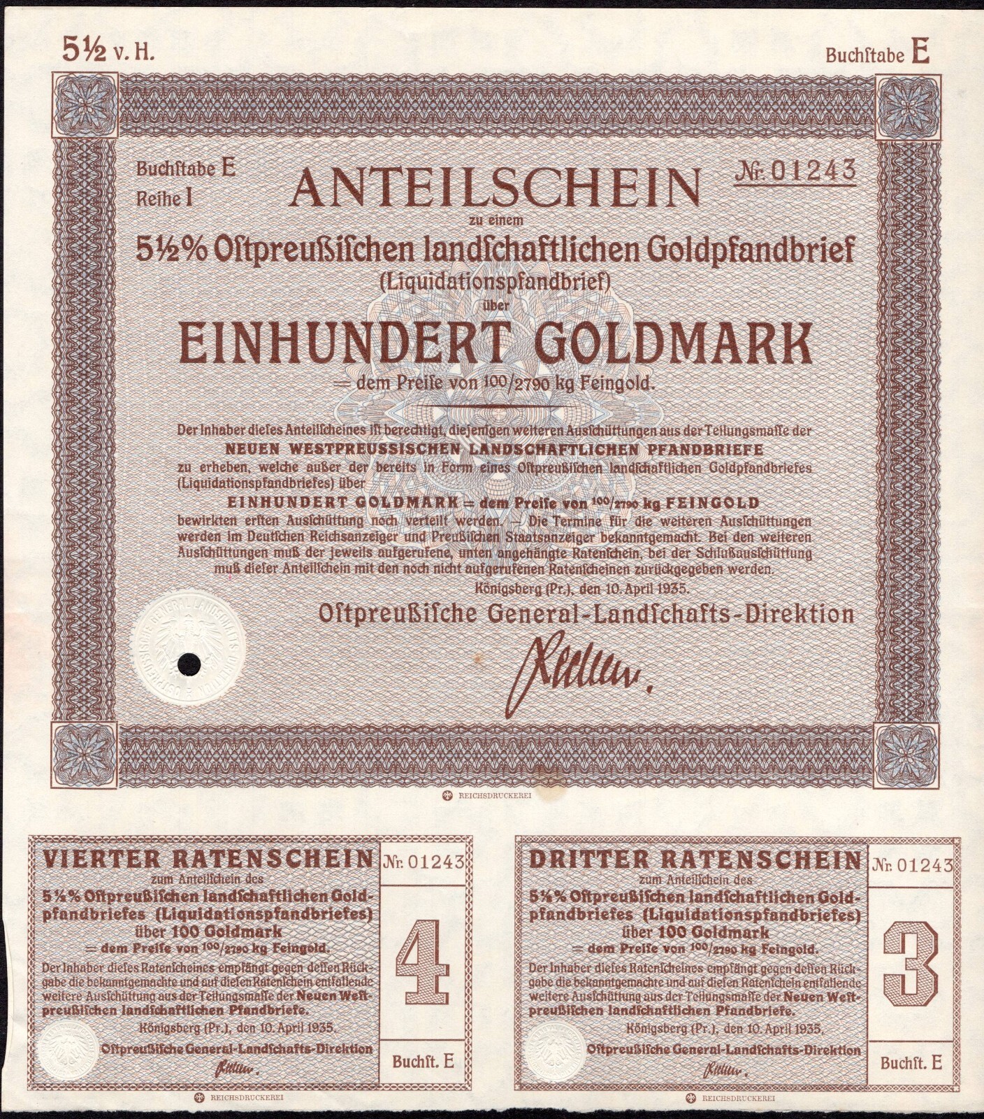 100 Goldmark 1935 - Königsberg  / Germany Loan Bond - Series: 01243 - "W52
