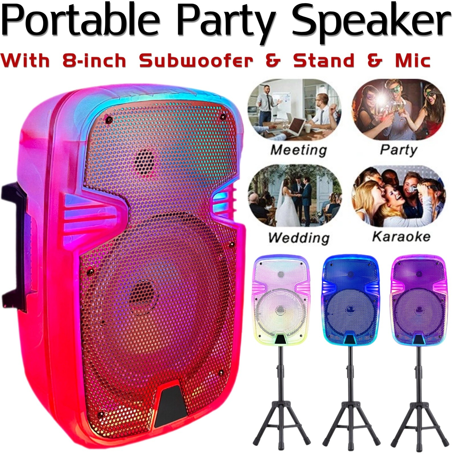 Portable Bluetooth Speaker 8-inch Subwoofer Heavy Bass Sound Party System W/ Mic