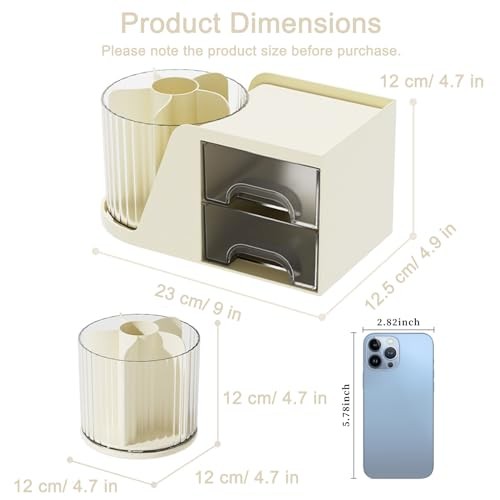 Rotating Desk Organizer with 2 Drawer, 6 Slots Multi-Functional Pencil Beige