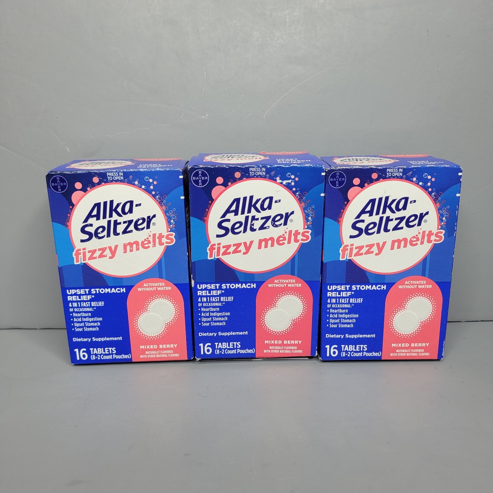 3 Alka Seltzer Fizzy Melts Mixed Berry 16 Tablets Each Exp 5/26+ - New
