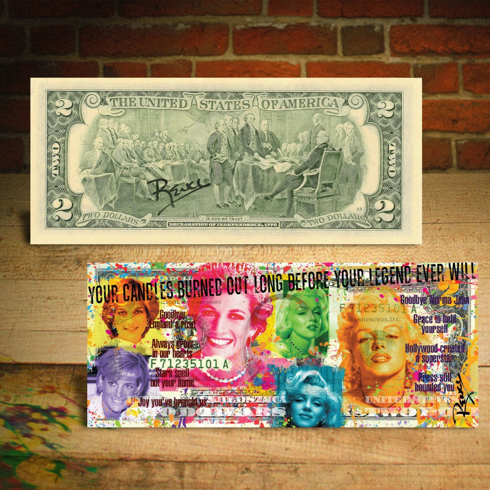 PRINCESS DIANA / MARILYN MONROE Candles in the Wind $2 US Bill - SIGNED by Rency