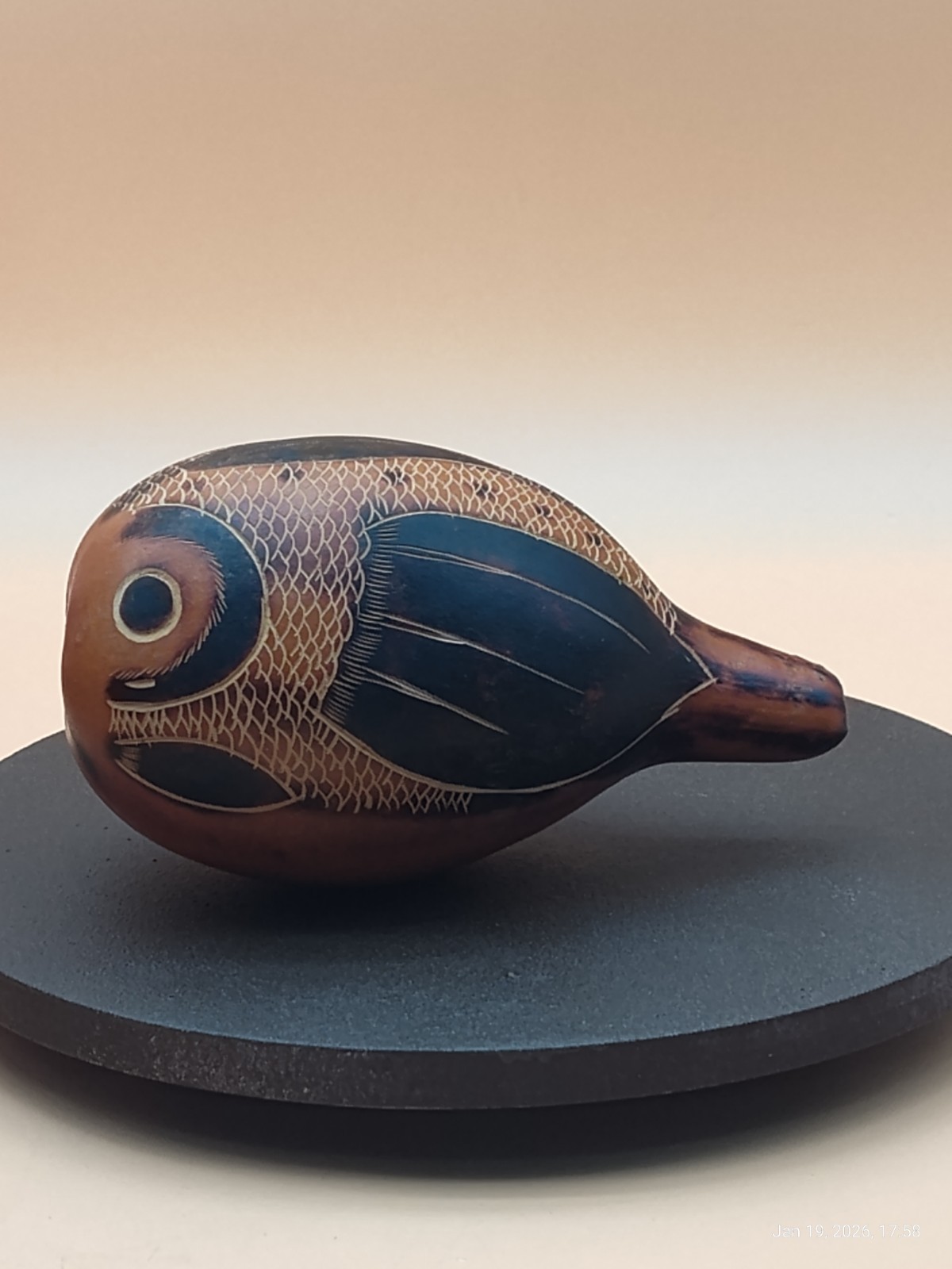 Peruvian Gourd Folk Art Fish Pyrography & Hand Carved Features Rattle 6"x4"