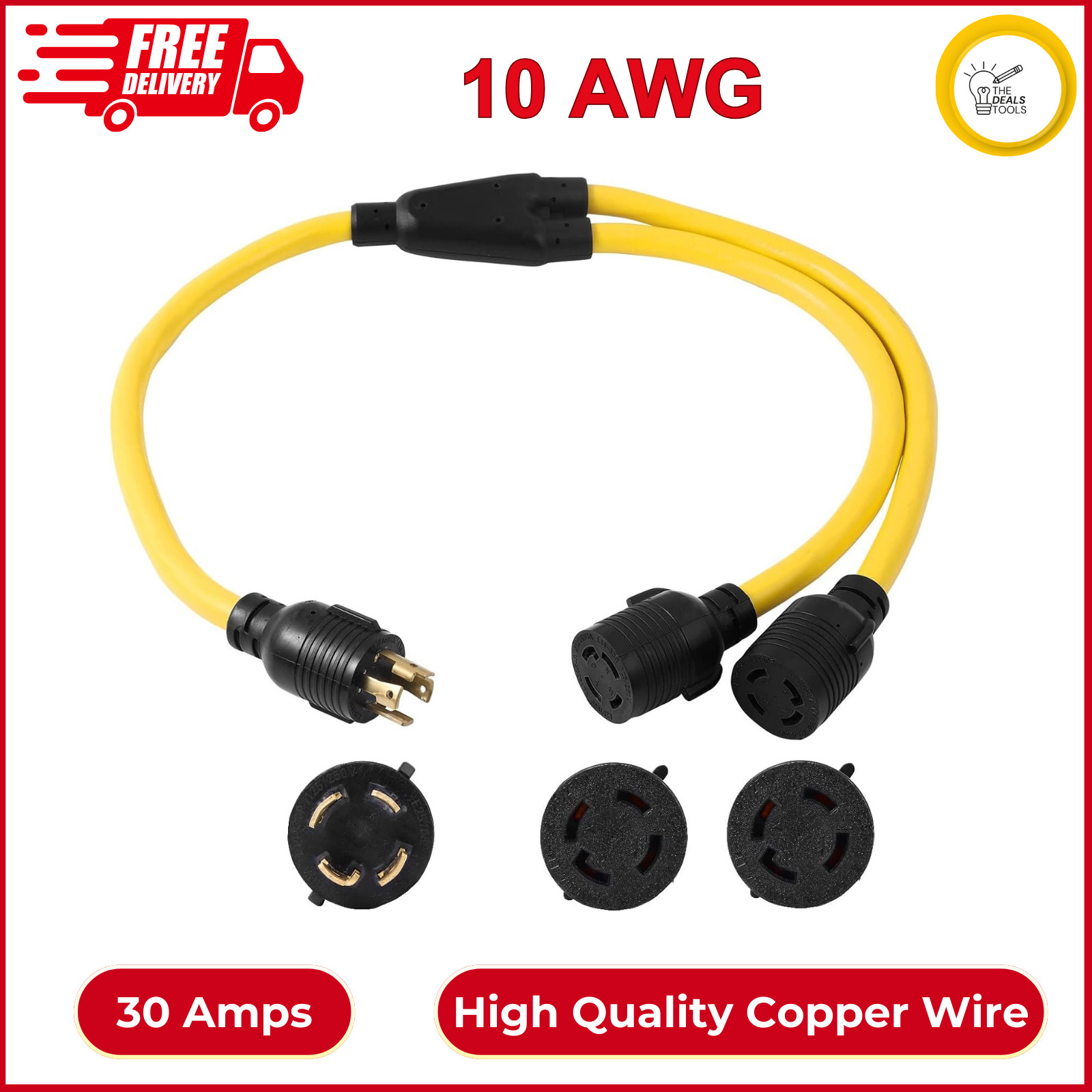 NEMA L14-30P to 2 Outlet Port L14-30R Y Splitter Twist Lock 10 AWG 120V/240V 30A