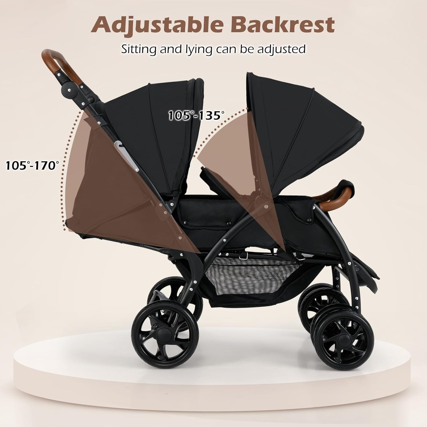 Double Stroller, Foldable Baby Tandem Stroller with Djustable Backrest Canopy Fo