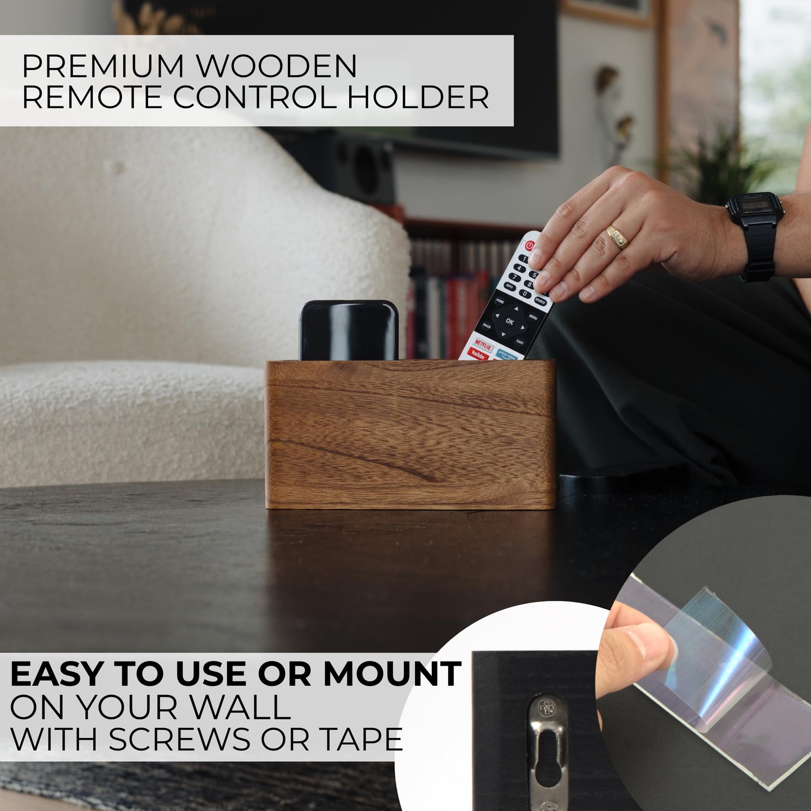 Premium Wooden Remote Control Holder - Easy Install Adhesive Wall Mount Caddy...