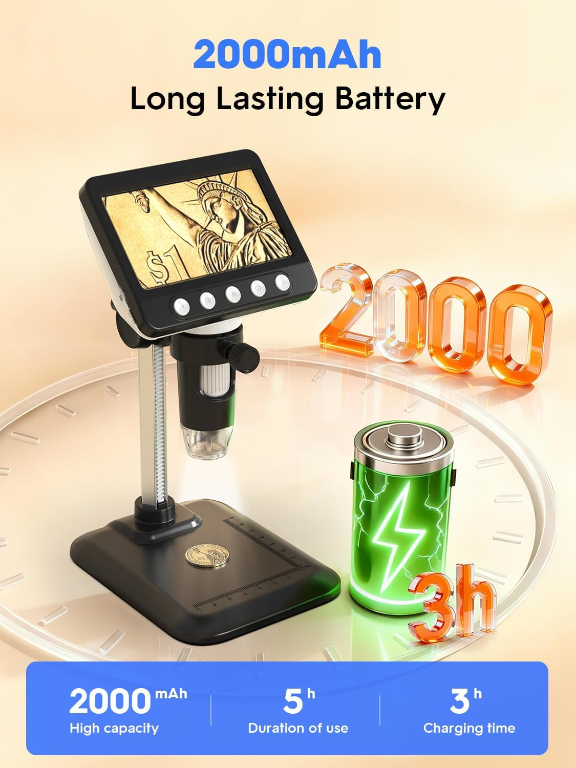 Coin Microscope, 4.3" LCD USB Digital Microscope 1000X Coin Magnifier with 8 Adj