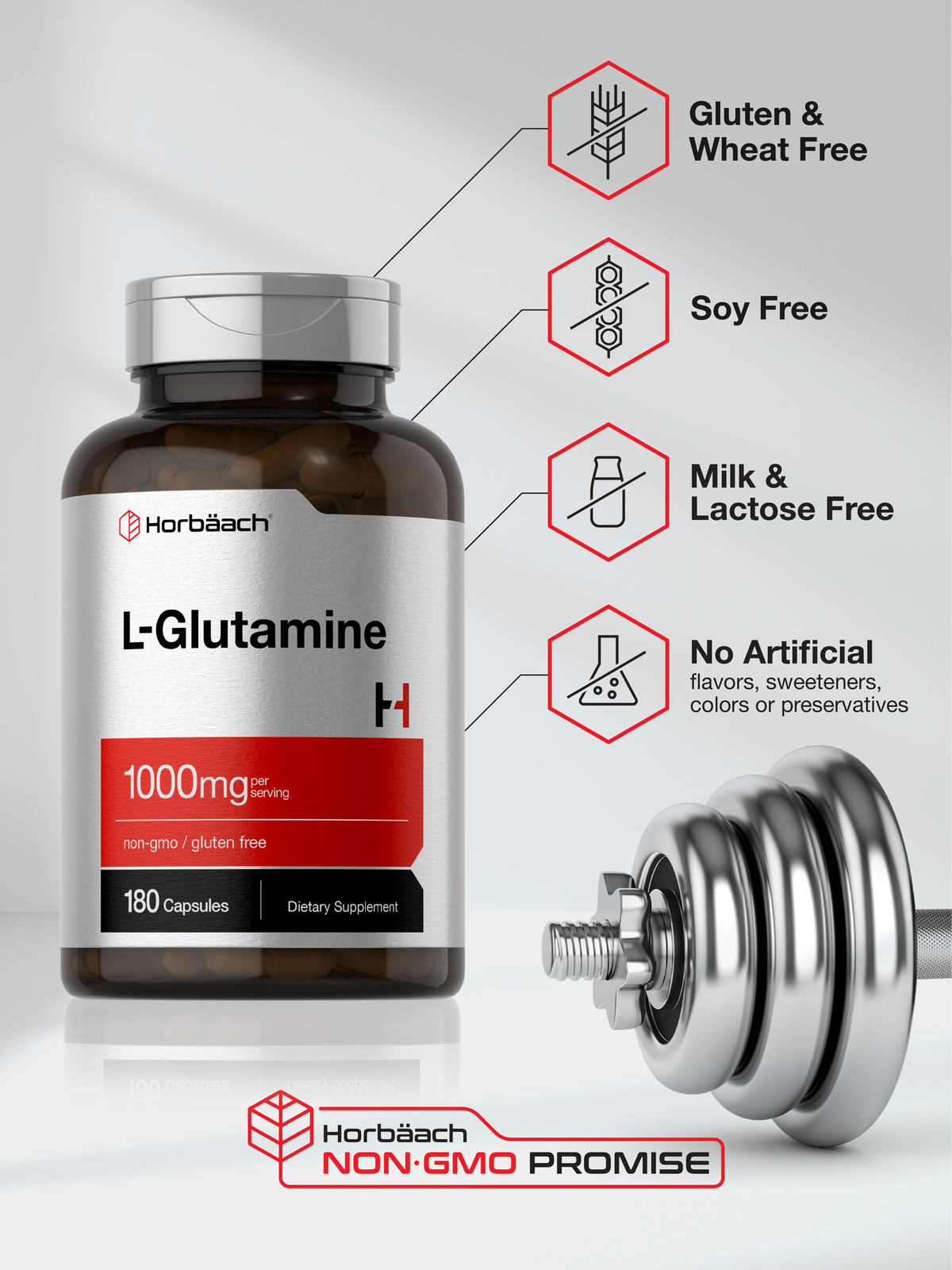 L Glutamine Capsules | 1000mg | 180 Count | Non-GMO, Gluten Free | by Horbaach