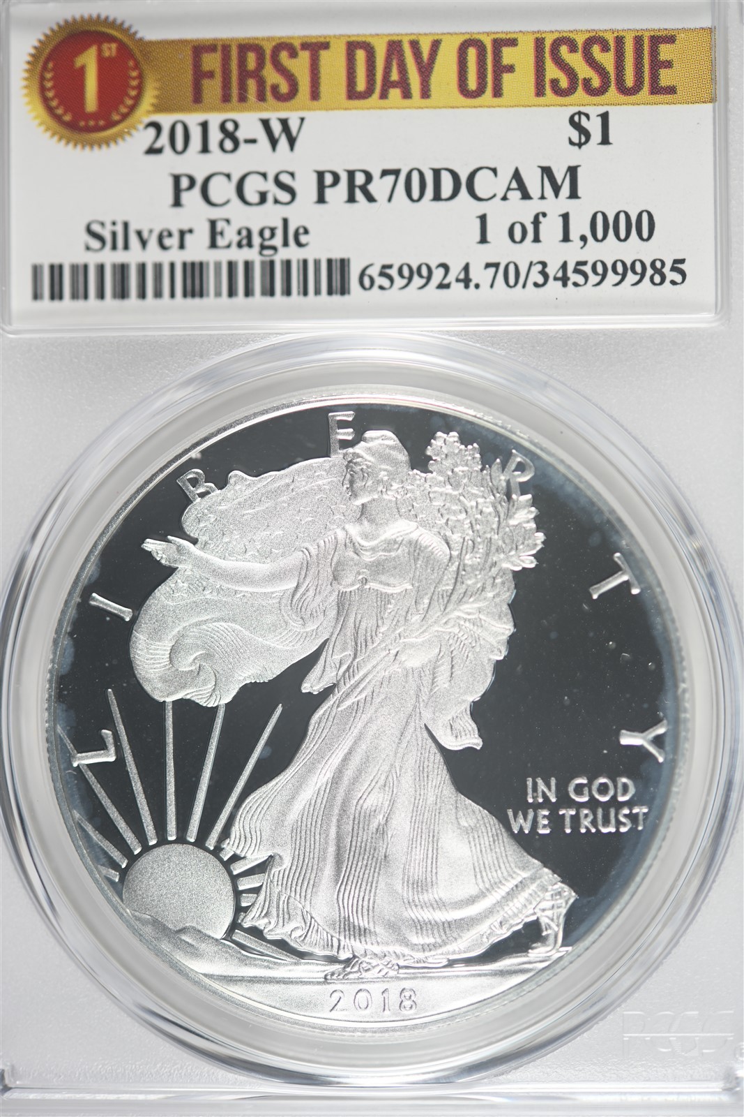 2018 W 1oz Silver Eagle PCGS PR70 DCAM - First Day of Issue - 1 of 1000