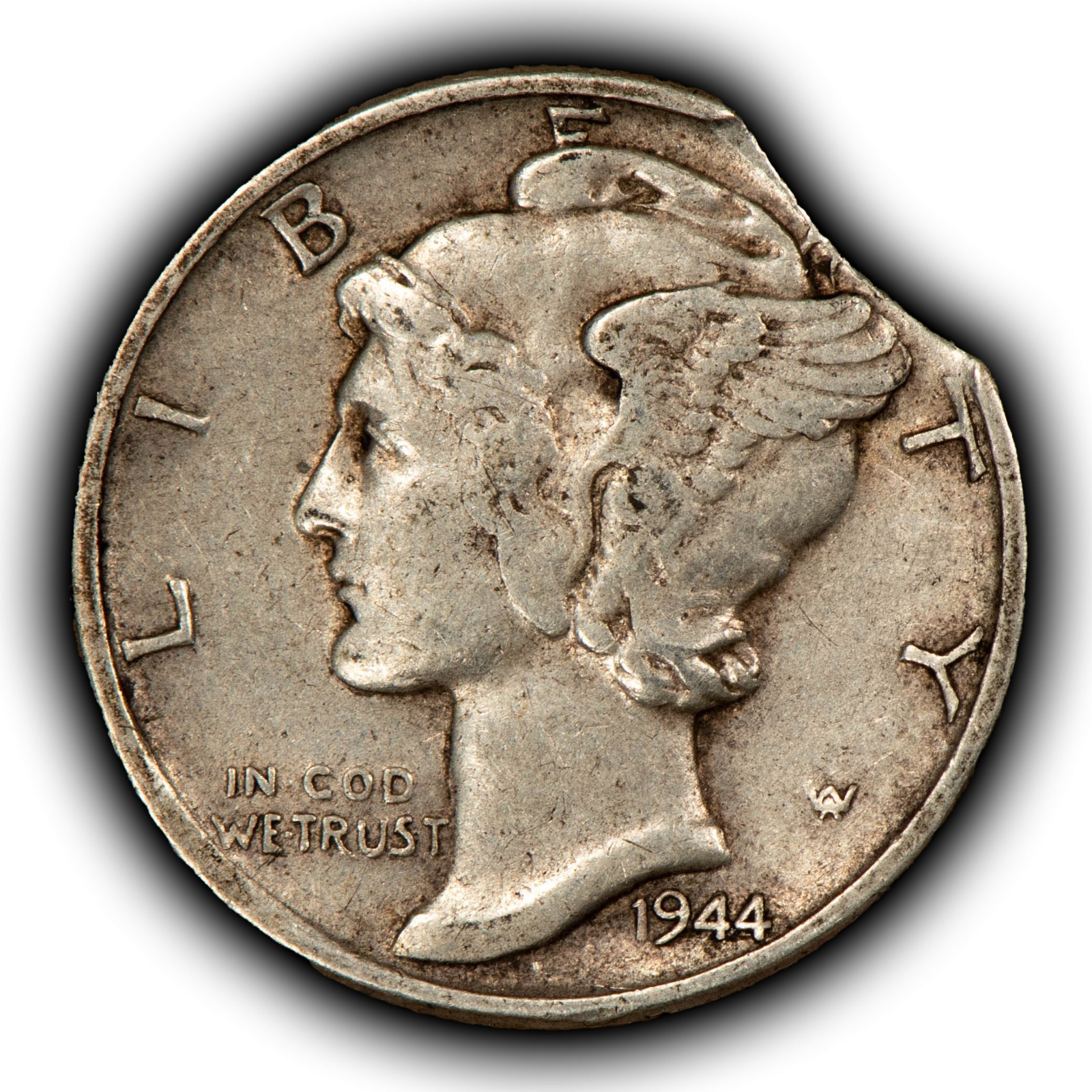 1944 10c Silver Mercury Dime - Mint Error Clipped Planchet Blakesley - SKU-Z6854