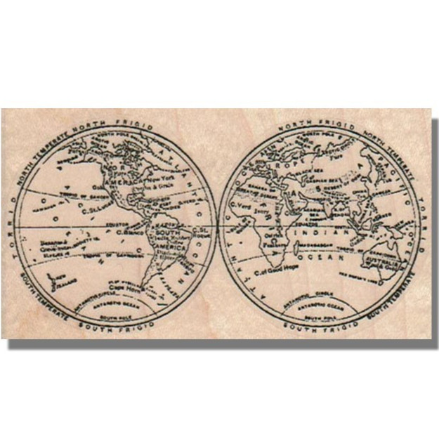 Mounted Rubber Stamp, World Map Circle, Media Globe Earth Collage Words Ocean sm