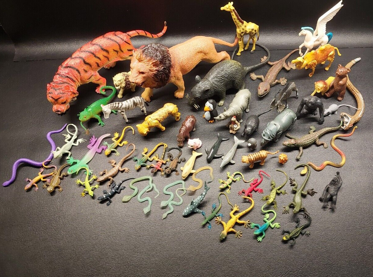 Lot of 54 Vintage Rubber Plastic Animals Toy Figures Lizard Snake Lion Rat Rhino