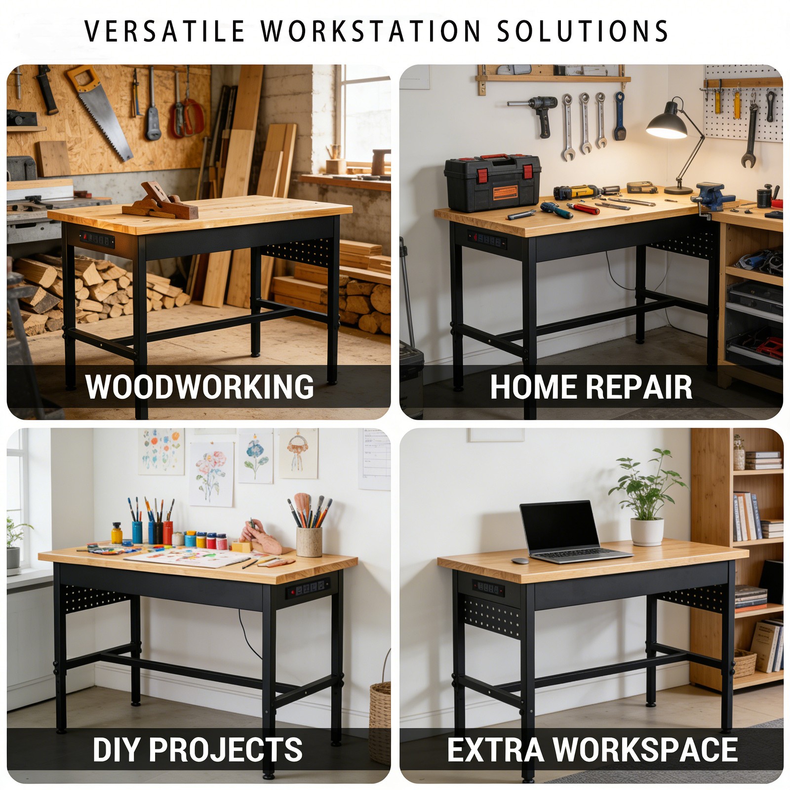 60"x24" Adjustable Workbench, Power Outlets, 6 Height Levels, Solid Hardwood Top