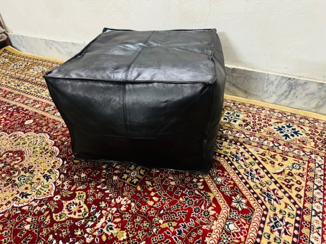 20 Inch Black Leather Pouf Ottoman – Authentic Moroccan Boho Footstool