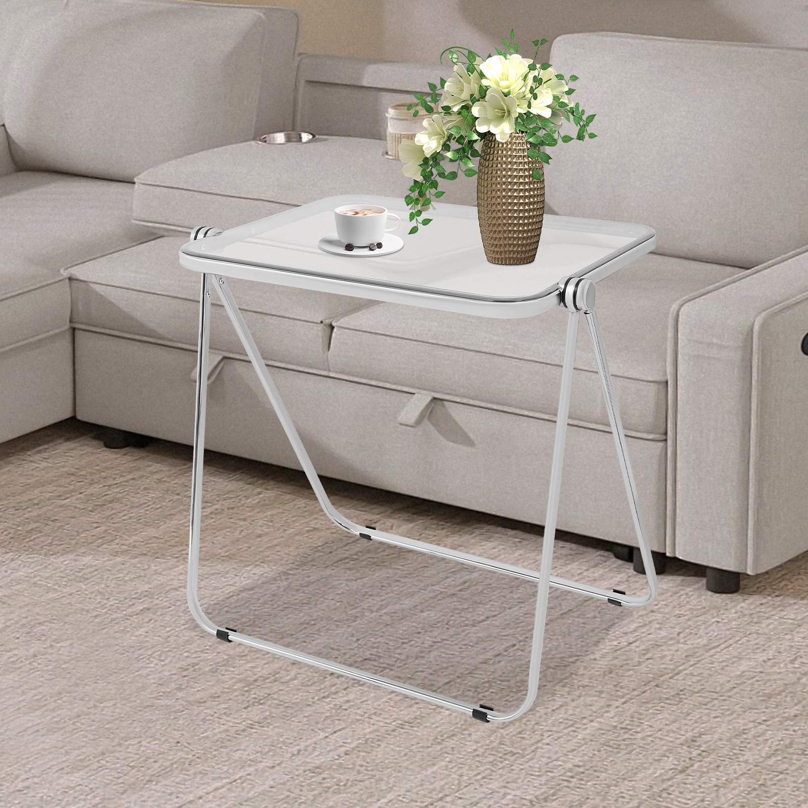 Silver& Clear Foldable Side Table Tiny Computer Desk for Home Office Indoor