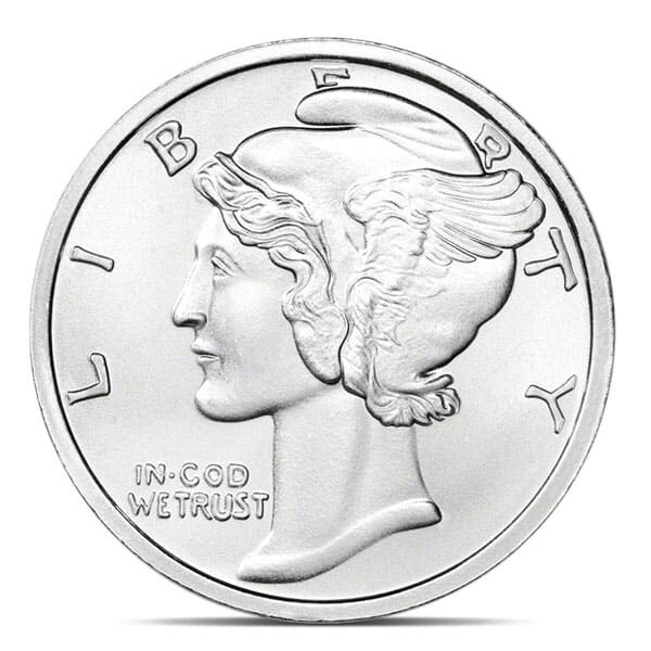 Scarce Mercury Dime Design 1 Troy Oz .999 Fine Silver Bullion Round Medal NR
