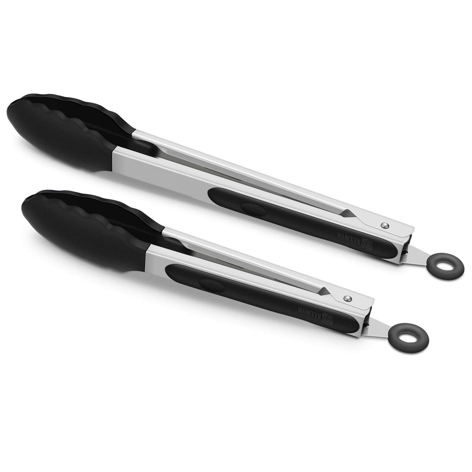 2 Pack Black Kitchen Tongs, Premium Silicone BPA Free Non-Stick Stainless Ste...