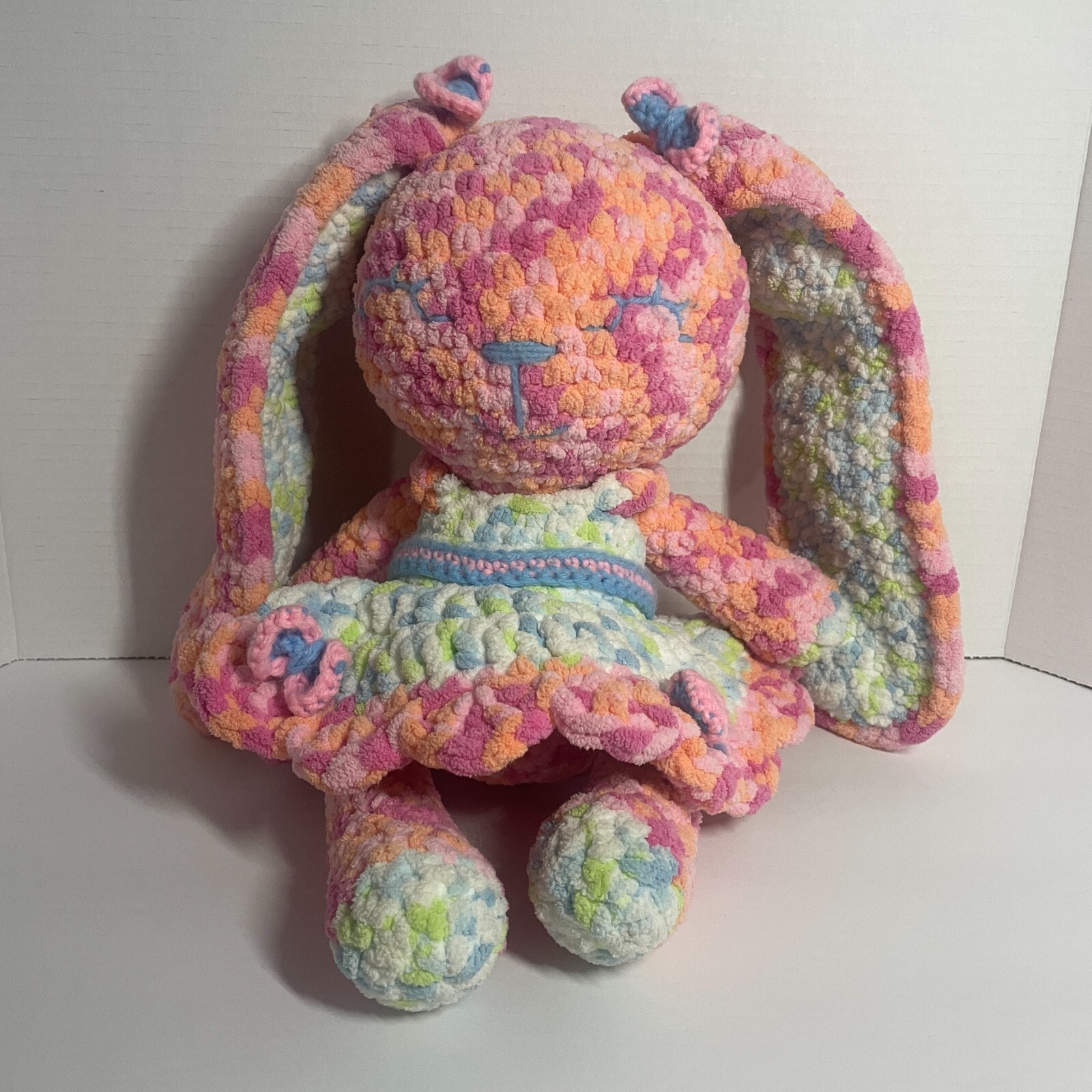 Crochet cute BUNNY Rabbit Confetti Pastel Color with Bows and Dress 13 in.
