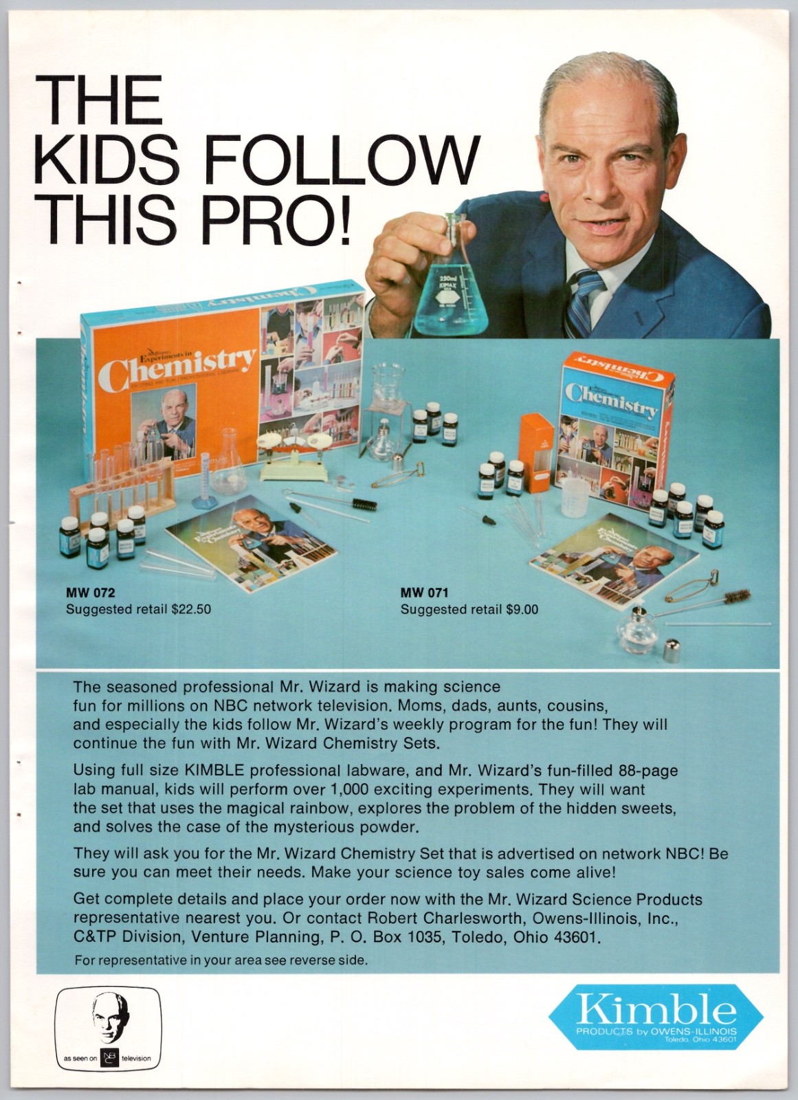 1972 Kimble Mr Wizard Science Products Vintage Toy Ad Chemistry Set