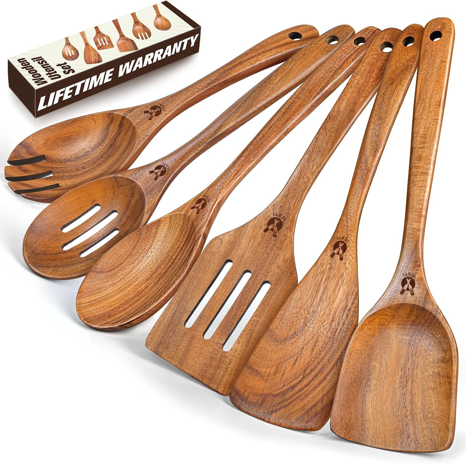 Wooden Spoons for Cooking, 6 Pcs Natural Teak Wooden Kitchen Utensils Set,