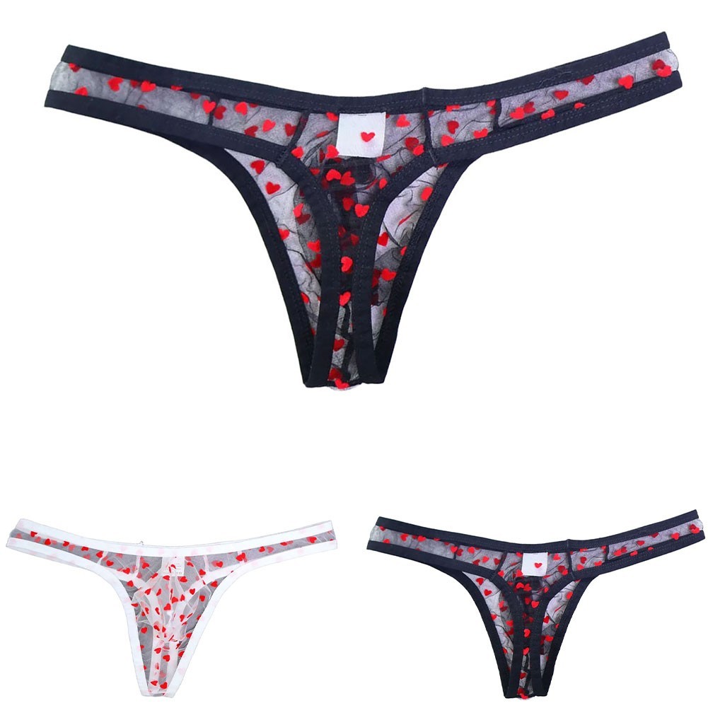 Heart Print Men Breathable Sheer Mesh Thongs G Strings Ultra Thin Underwear
