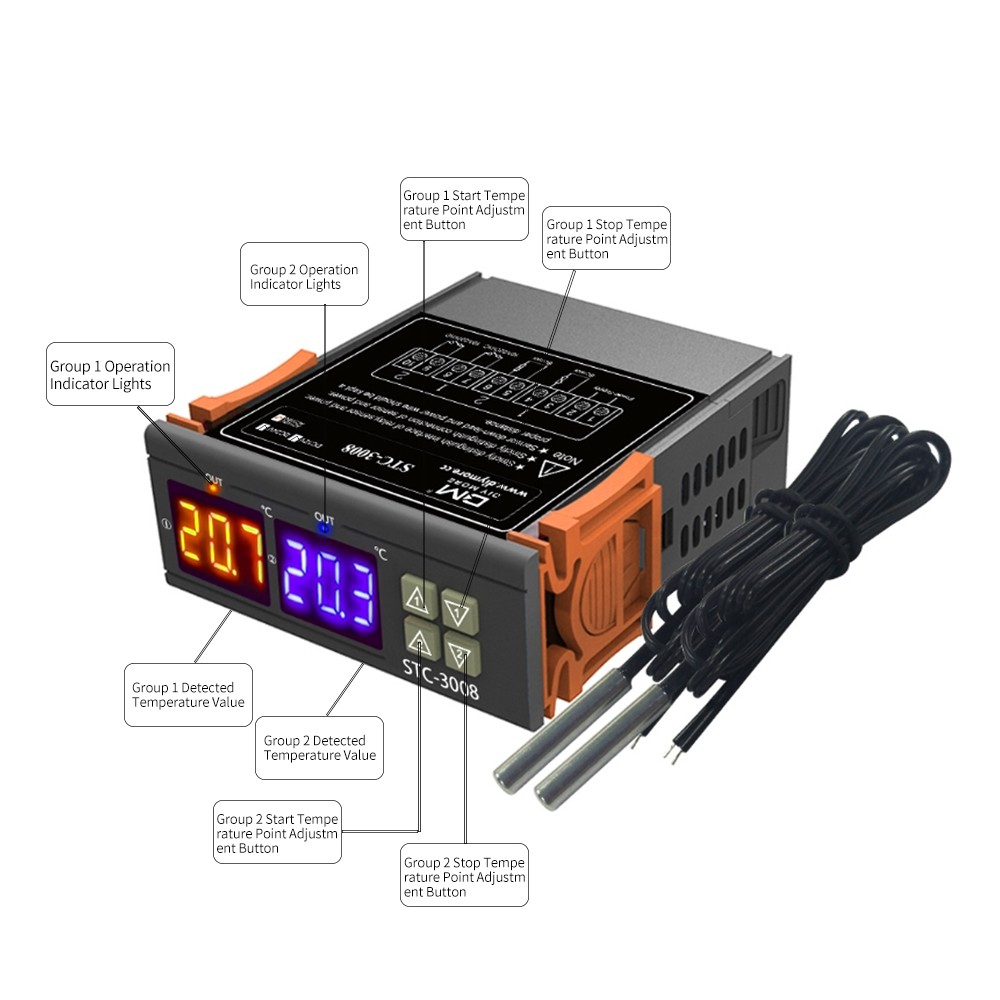 STC-3008 Dual Display 2-Way Thermostat Temperature Controller Probe AC 110-220V