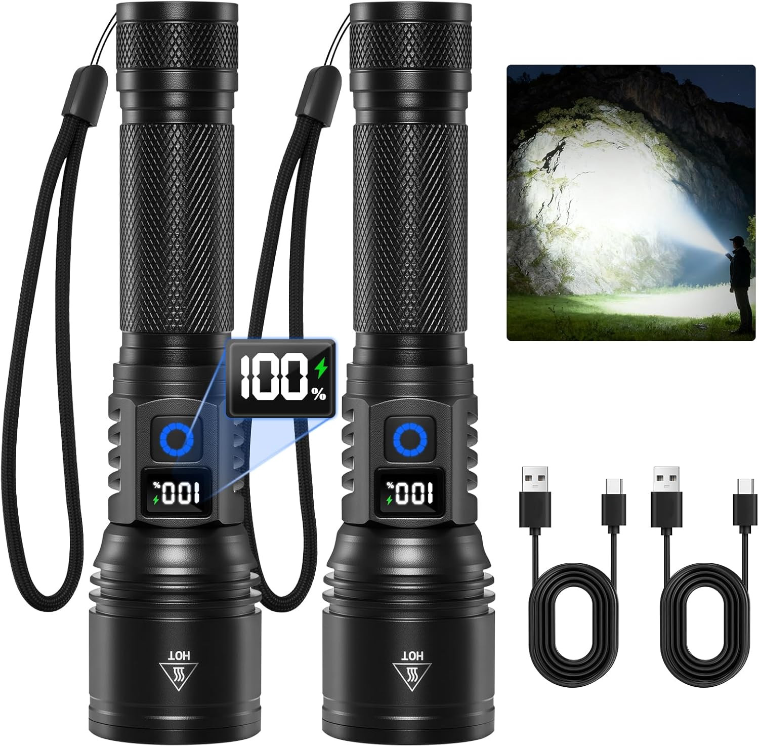 2 Pack Rechargeable Flashlights 9900 Lumens Super Bright LED PRO Tactical Light