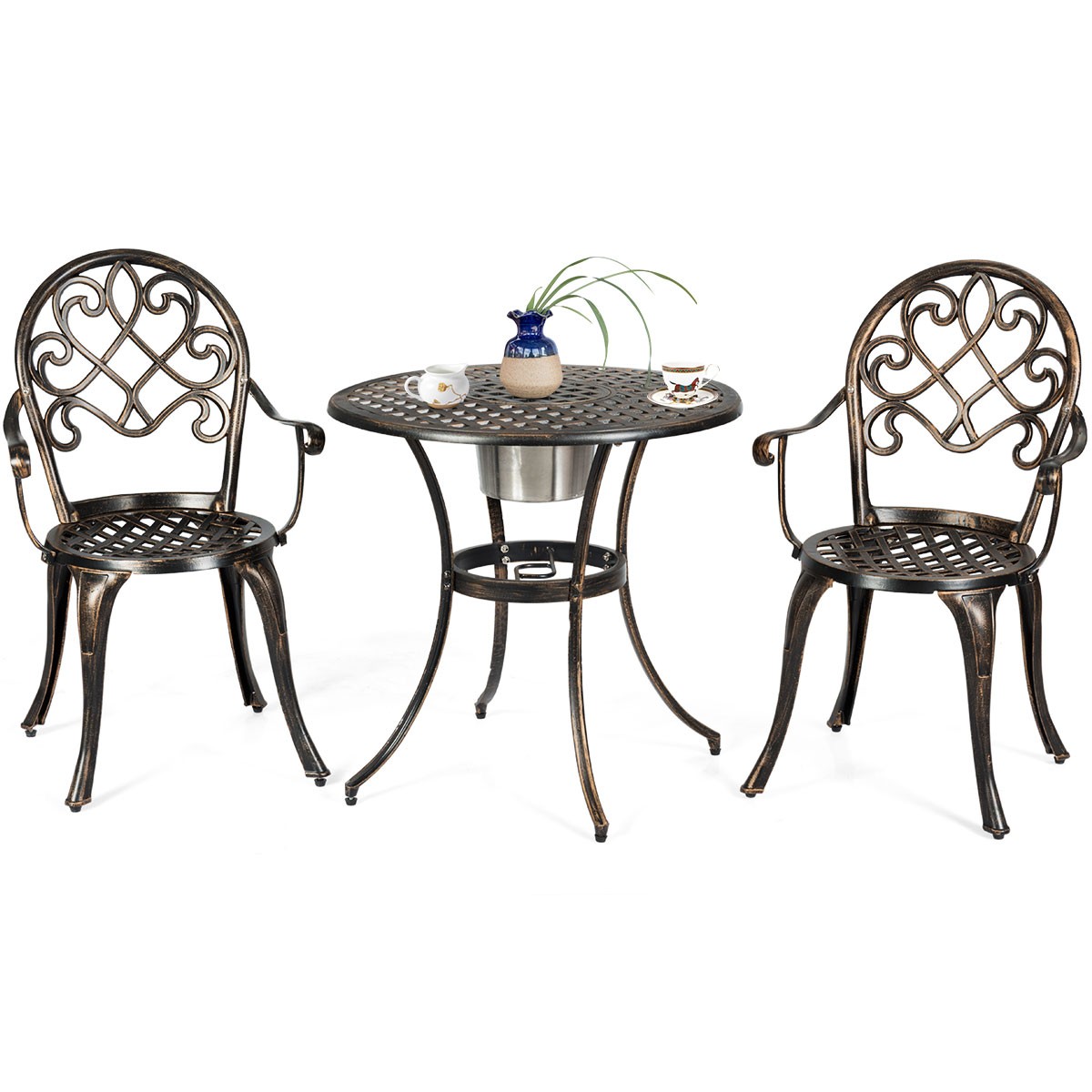 Costway 3PC Cast Aluminum Patio Set Country Yard w/Attached Removable Ice Bucket