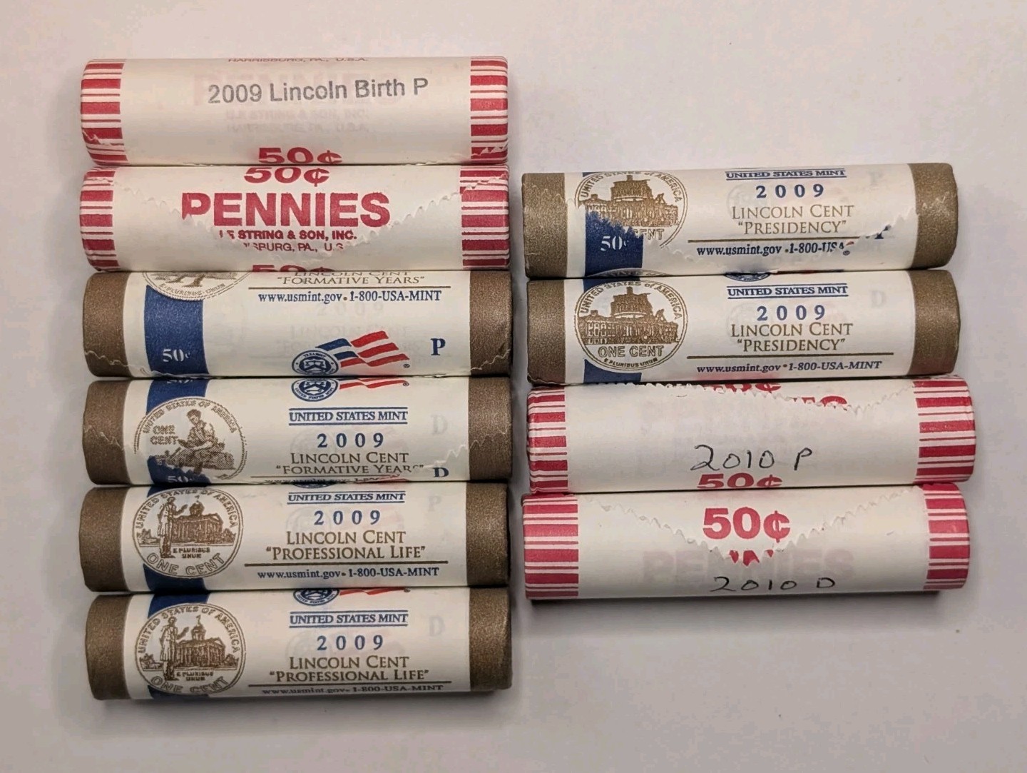 10X 2009-10 P&D Lincoln Bicent./Shield Cents LP1 LP2 LP3 LP4 LP5 OBW/Mint Rolls