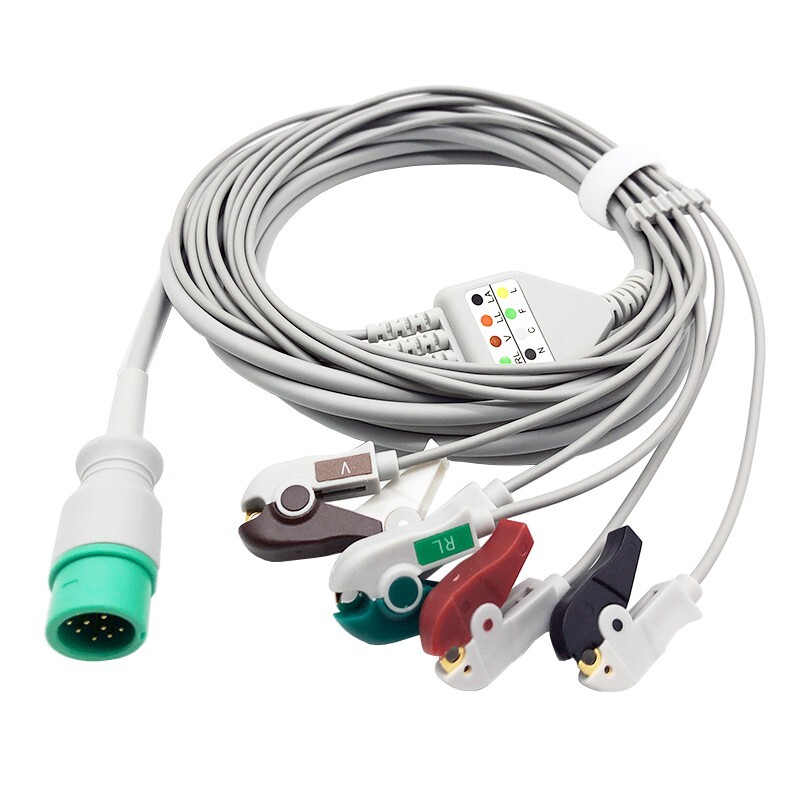 12pin ECG Patient Cable 5-Leads Pinch/Grabber for Comen C30/50/90, Medexcel MD50