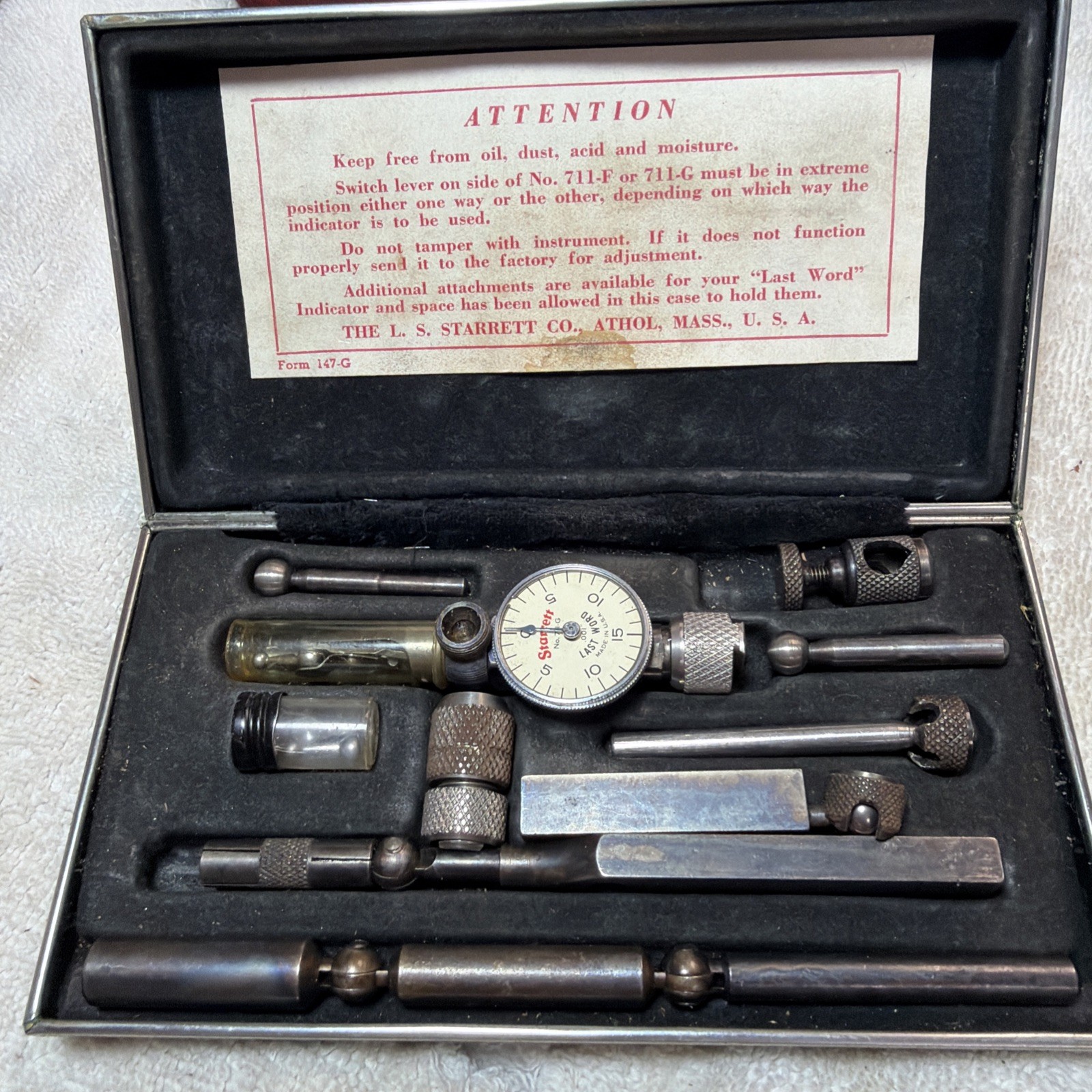 Starrett No. 711 Last Word Dial Test Indicator .001" w/Case & Attachments