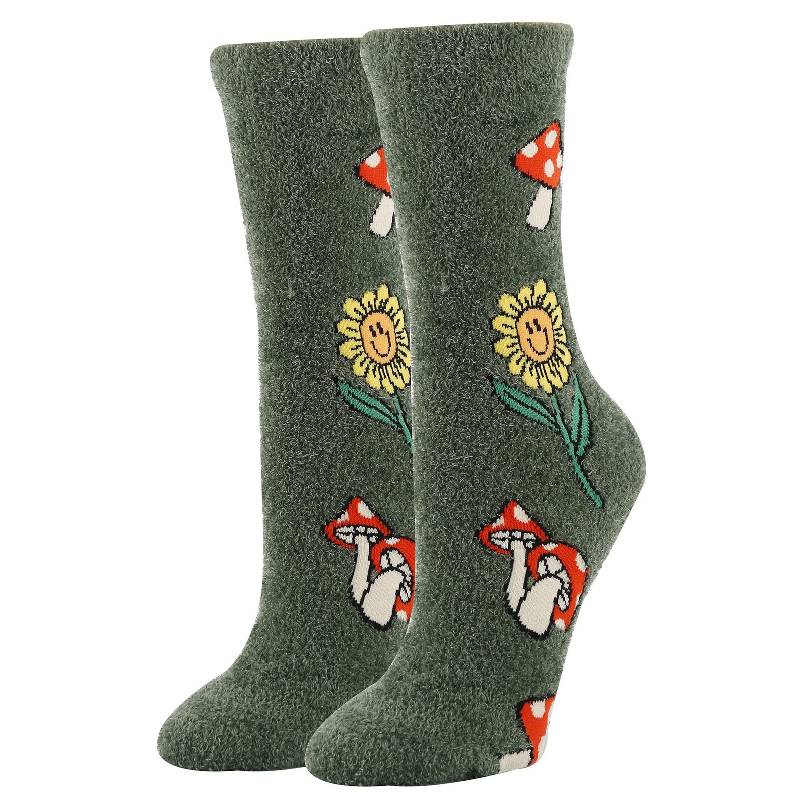 ooohyeah Funny Novelty Fuzzy Crew Socks for Women, Cozy 5-10, Mushroom Fields