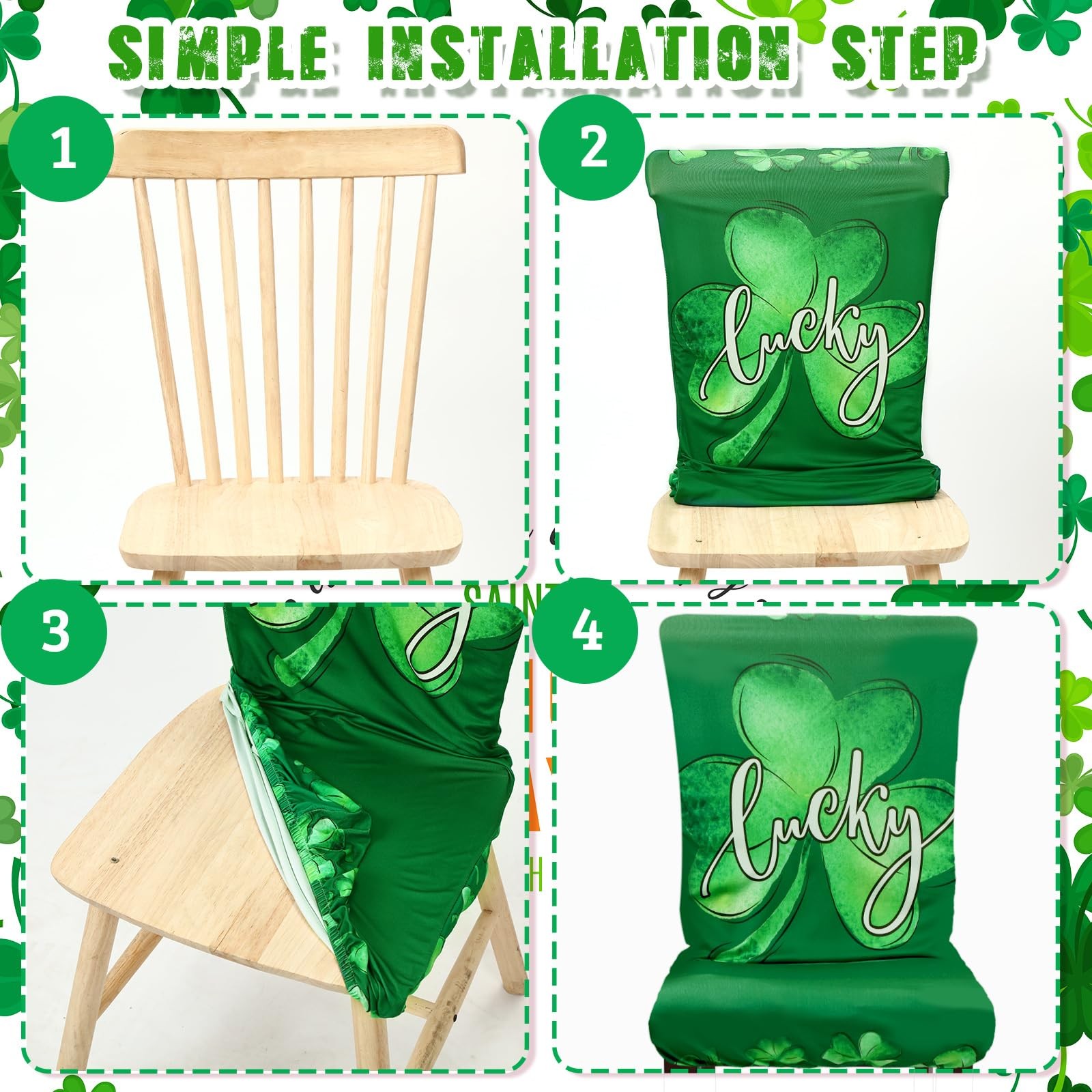 Dining Chair Cover, 6 Pcs St. Patrick's Day, Shamrock Gnome, Plaid, Stretchable,