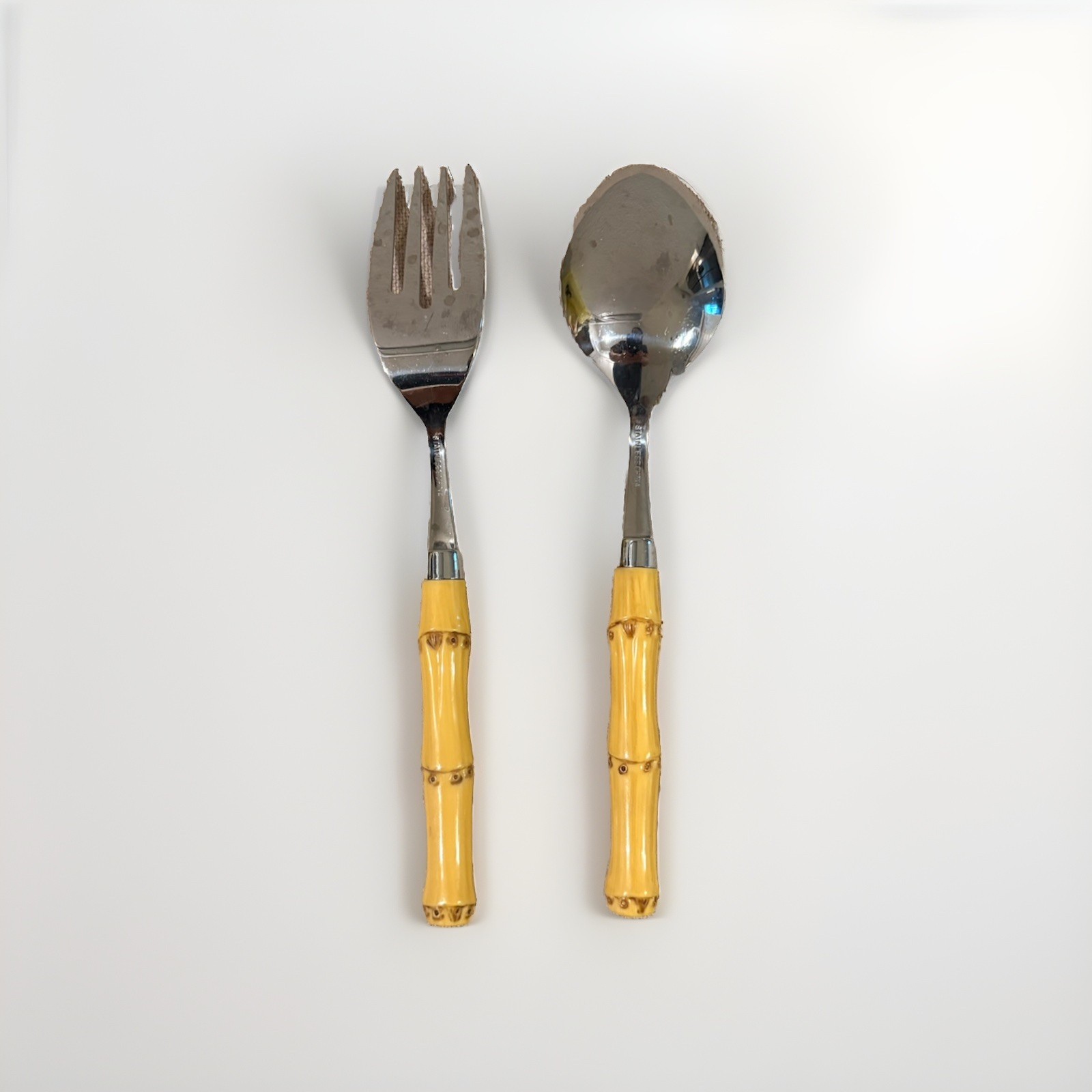 Retro Tiki Faux Bamboo Stainless Flatware Serving Set Large Fork & Spoon