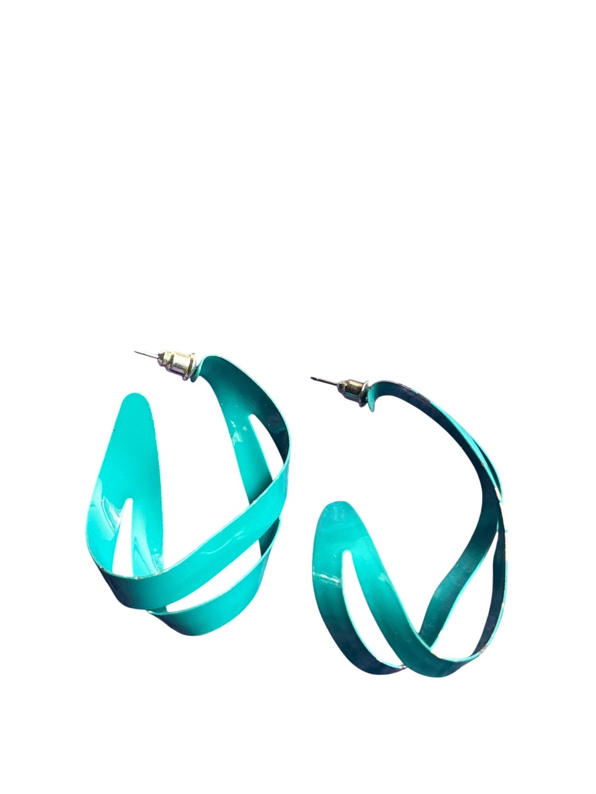 Vintage Abstract Metal Earrings Teal Enamel 2 inches Wear on Edges