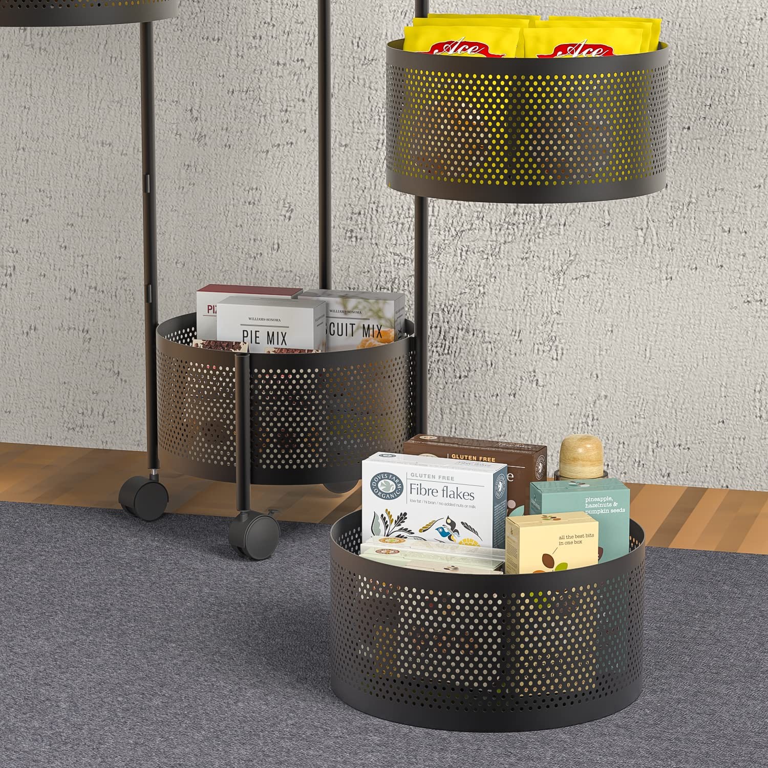 5-Tier Rotating Metal Kitchen Storage Cart on Rolling Wheels Black