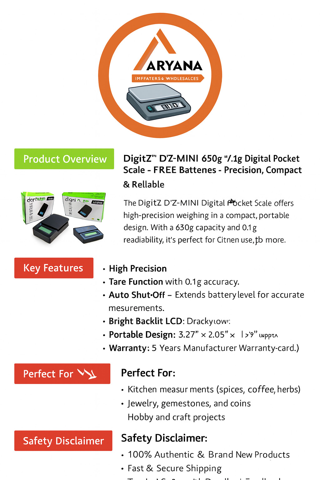DigitZ™ DZ-MINI 650g / 0.1g Digital Pocket Scale – FREE Batteries – Precision