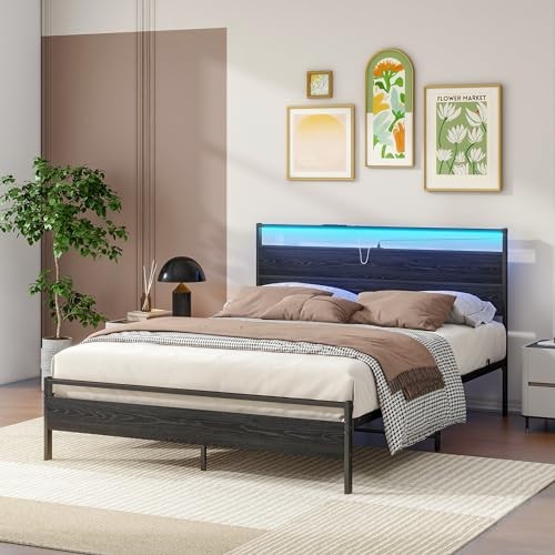 Bed Frame,Size Metal Platform Bed Frame with Storage & LED Light Queen Black