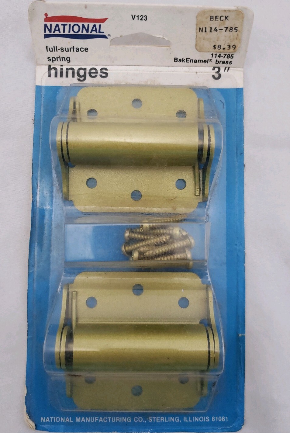 Vtg National 114-785 Full Surface 3-Inch Spring Hinges Enamel Brass Finish NOS