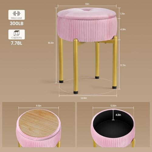 18-Inch Velvet Vanity Stool Chair with Storage, Vanity Bench Pink Round Shape